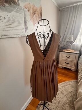 Women’s Deep V Pleated Tan Faux Leather ASOS Dress